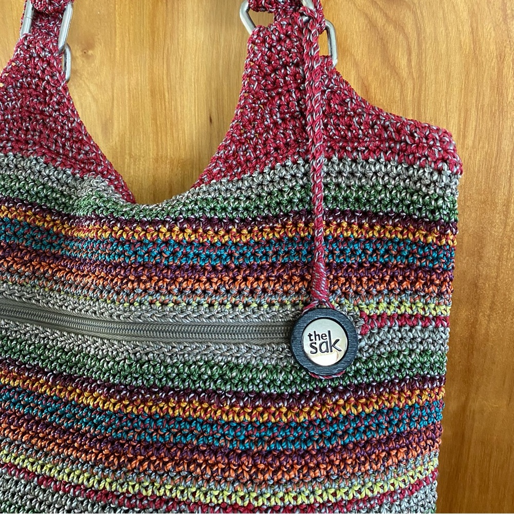 THE SAK BELLE Crocheted Tote Purse Hippie Boho Stripe Multi Color Double Handle
